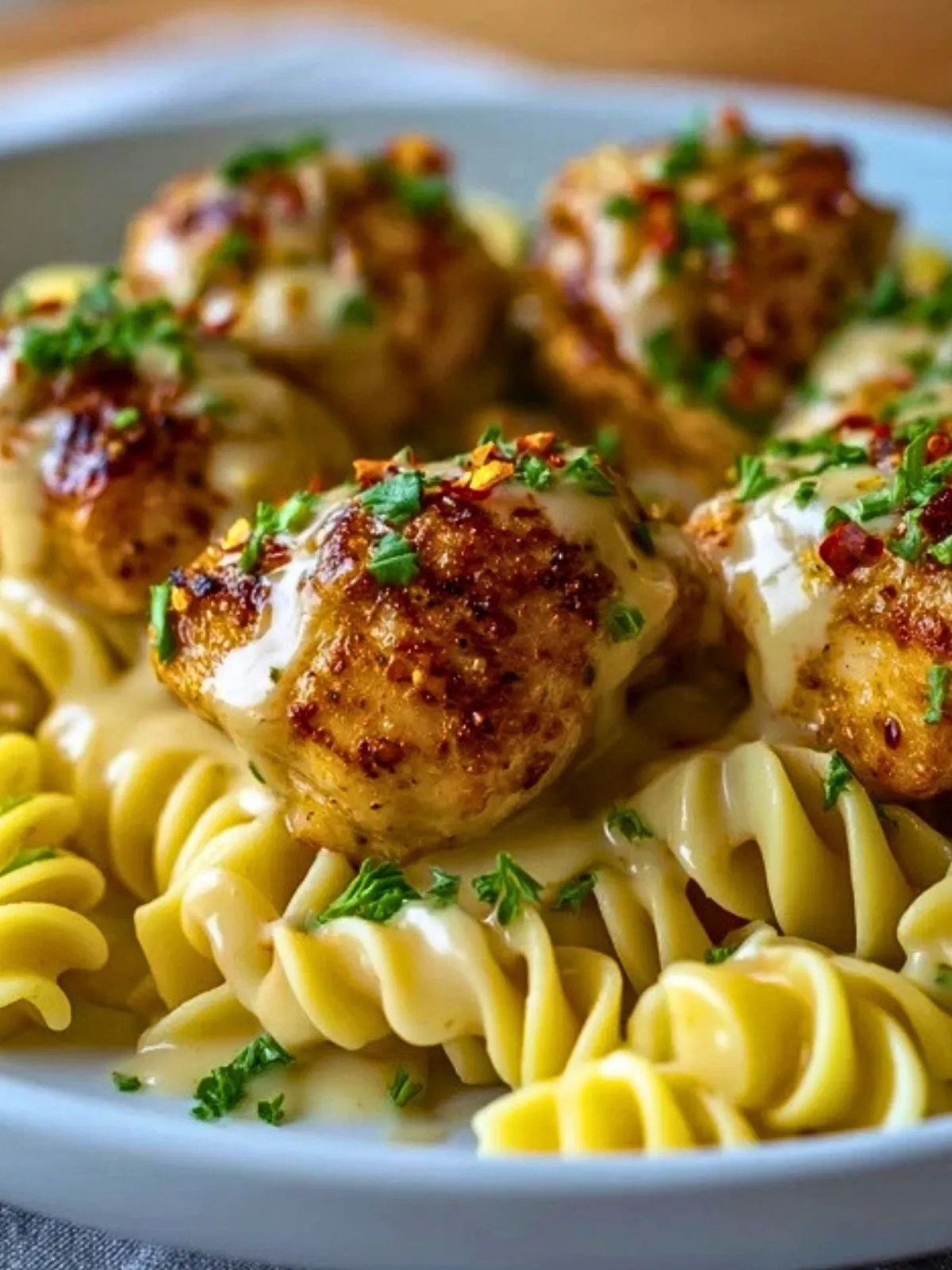 Bouchées de poulet au beurre à l'ail avec pâtes torsadées cajun épicées à l'alfredo (1)