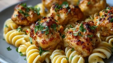 Bouchées de poulet au beurre à l'ail avec pâtes torsadées cajun épicées à l'alfredo