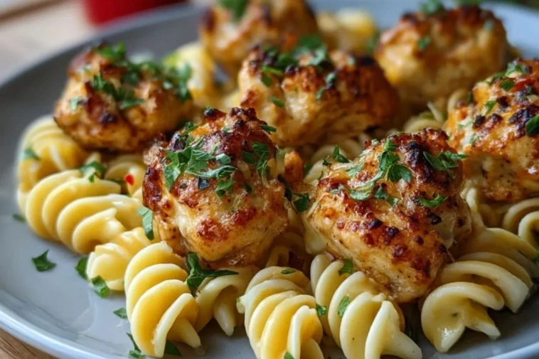 Bouchées de poulet au beurre à l'ail avec pâtes torsadées cajun épicées à l'alfredo