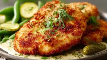 Poulet Pané Au Parmesan Et Cornichons Croquants