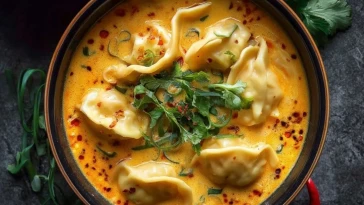 Soupe Thaïlandaise Au Curry De Noix De Coco Avec Des Raviolis