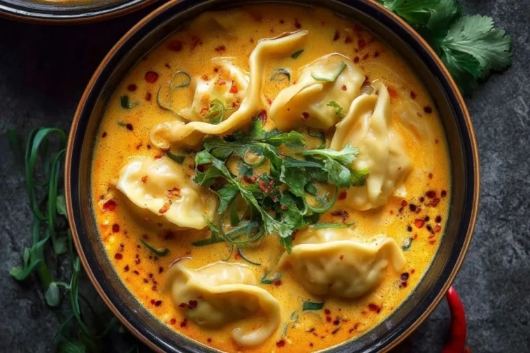 Soupe Thaïlandaise Au Curry De Noix De Coco Avec Des Raviolis