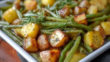 Haricots Verts Et Pommes De Terre Rôti Au Four Sur Plaque