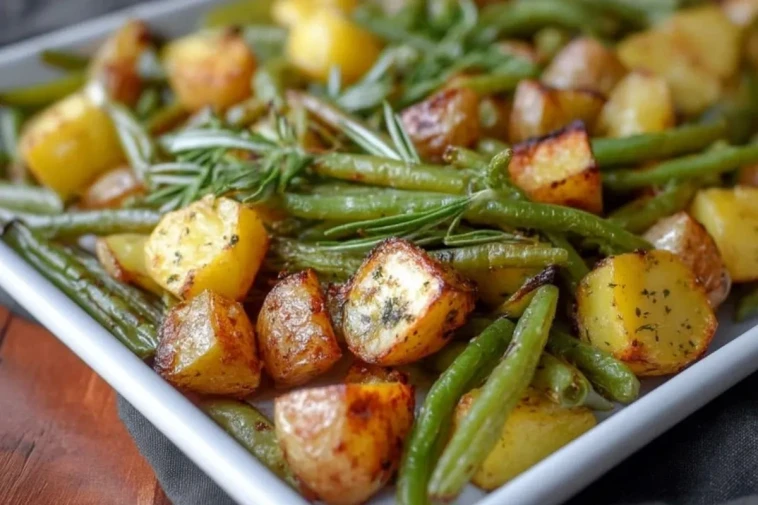Haricots Verts Et Pommes De Terre Rôti Au Four Sur Plaque