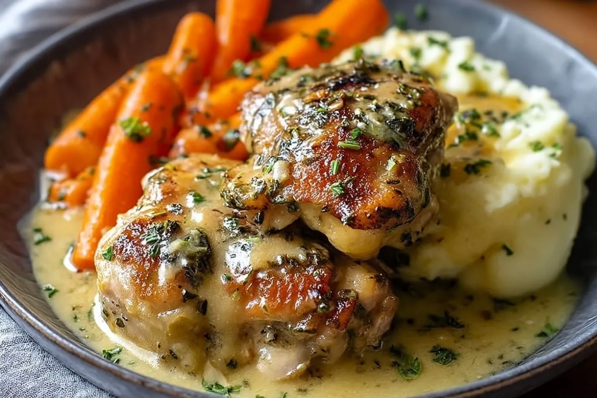 Cuisses De Poulet Crémeuses Aux Herbes Avec Carottes Et Purée