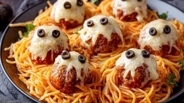 Spaghetti Fantômes Avec Boulettes De Viande Monstrueuses Au Fromage
