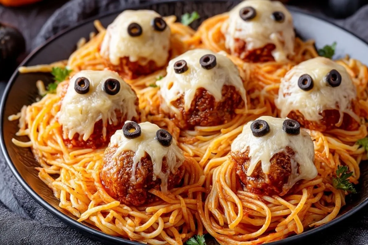 Spaghetti Fantômes Avec Boulettes De Viande Monstrueuses Au Fromage